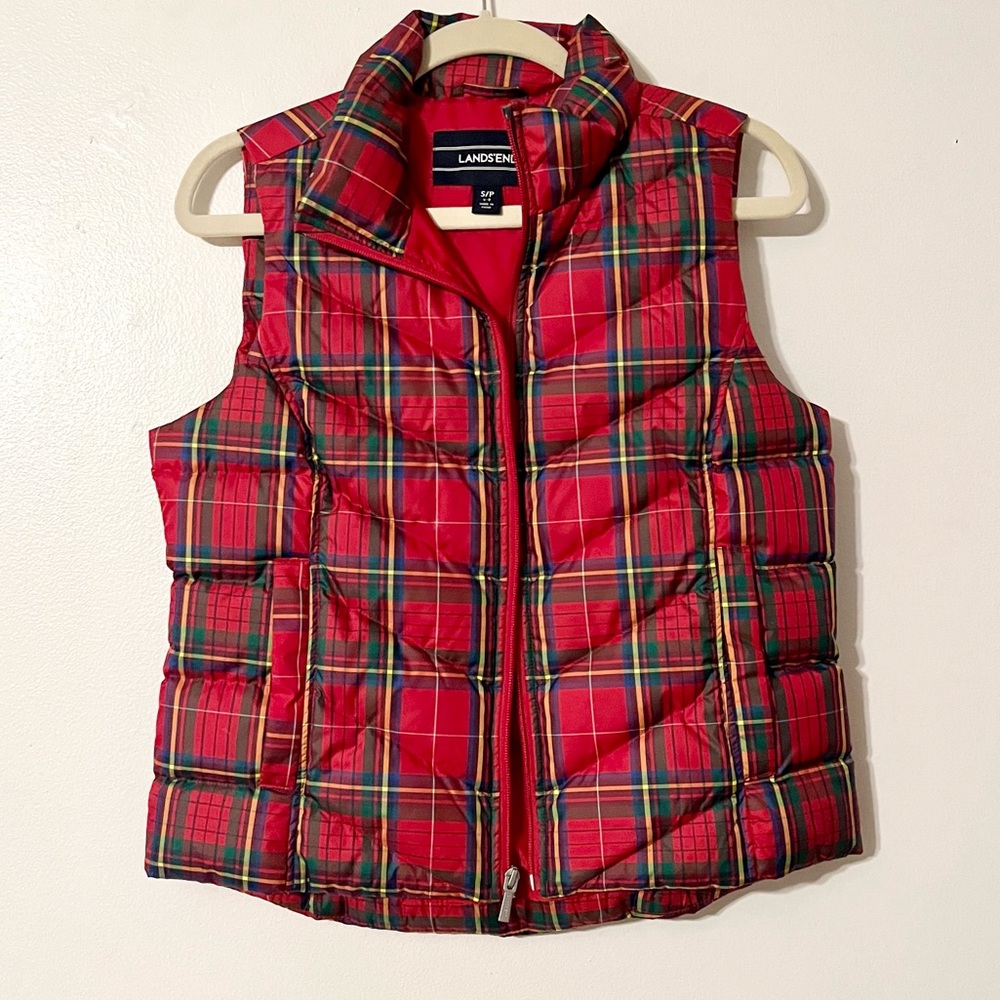Lands End Down Puffer Red Blue Green Yellow Plaid Full Zip Vest Women’s S/P